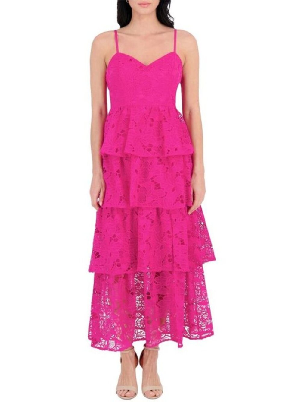 Siena Women's Embroidered-Lace Ruffle-Tiered Dress Hot Pink Size 0